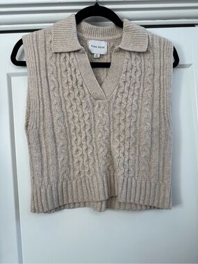 Pink Rose Beige Cable Knit V-Neck Sweater Vest with Collar